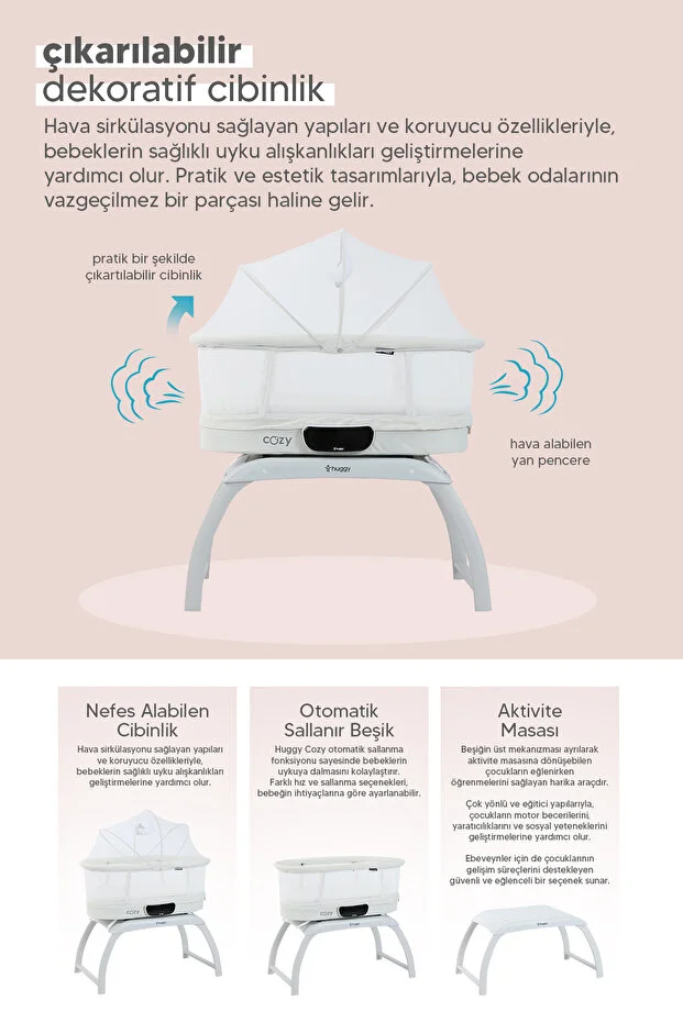 Huggy 4 in 1 Cozy Bluetooth Müzikli Kumandalı Otomatik Sallanabilir Beşik – Portatif